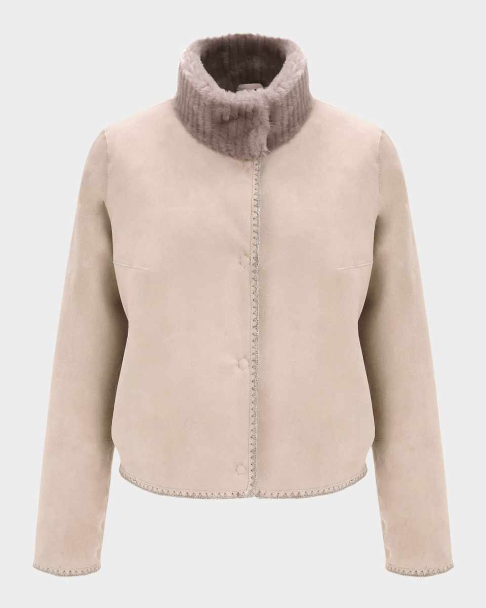 Reversible Merino Grooved Shearling Lamb Jacket With Embroidered Tri